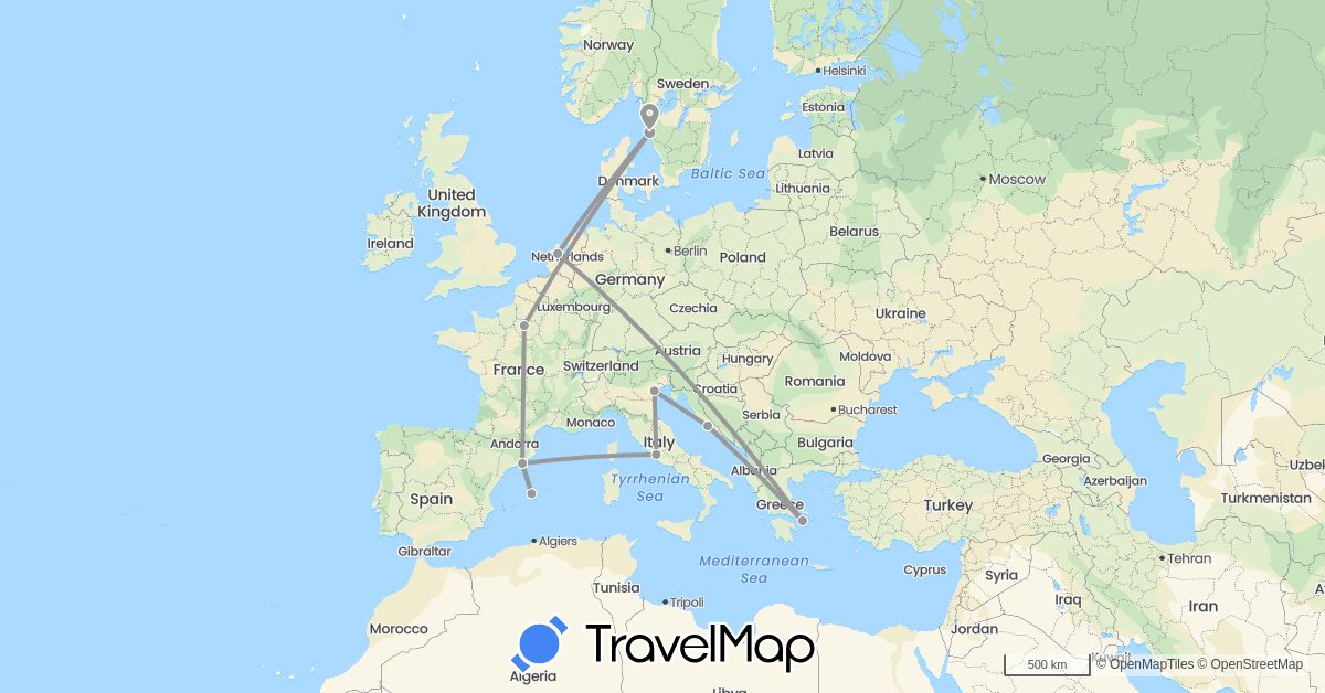 TravelMap itinerary: driving, plane in Spain, France, Greece, Croatia, Italy, Netherlands, Sweden (Europe)